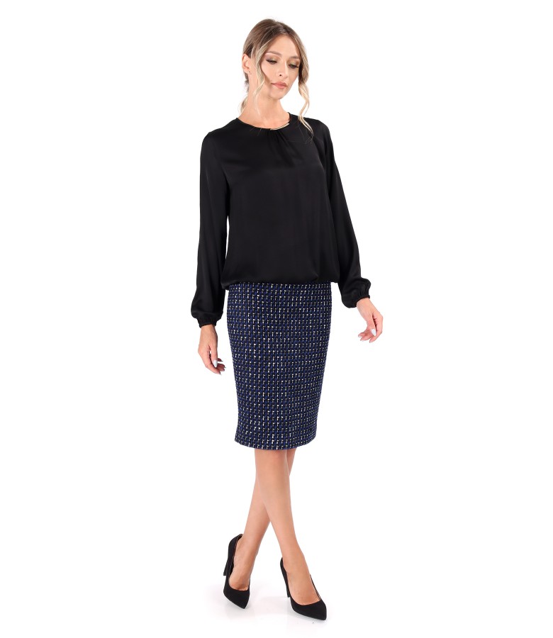 Office outfit with skirt and viscose satin blouse
