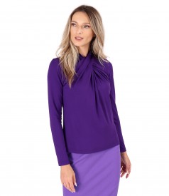 Elastic viscose jersey blouse with pleats at the neckline