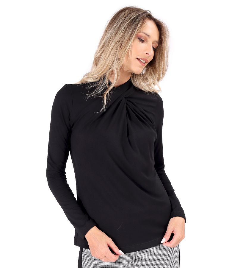 Elastic viscose jersey blouse with pleats at the neckline