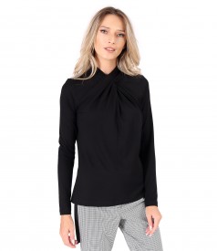 Elastic viscose jersey blouse with pleats at the neckline