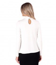 Elastic viscose jersey blouse with pleats at the neckline