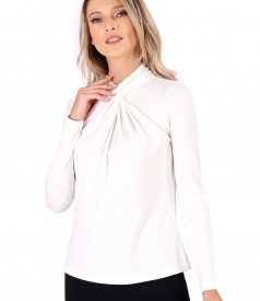 Elastic viscose jersey blouse with pleats at the neckline