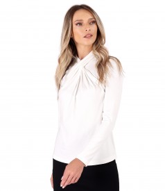 Elastic viscose jersey blouse with pleats at the neckline