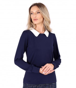 Elegant elastic jersey blouse with white collar