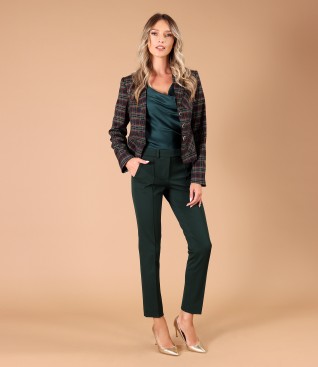Office outfit with checkered jacket and pants made of textured fabric