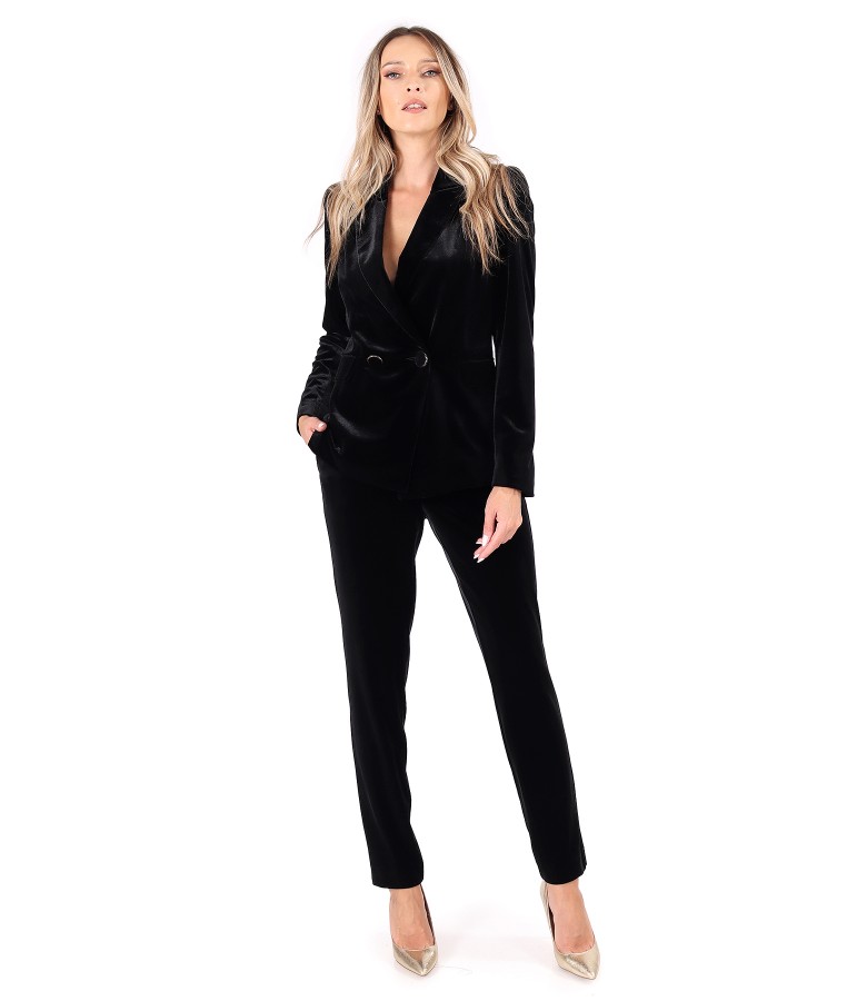 Elegant suit with pants and jacket made of black elastic velvet