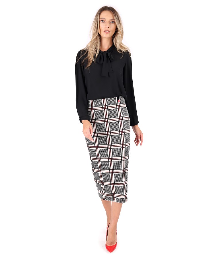 Plaid velvet midi skirt with scarf collar blouse