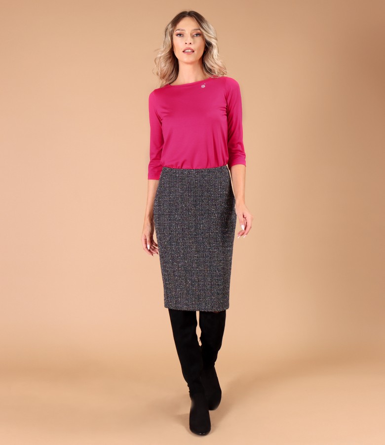 Elegant outfit with elastic jersey blouse and multicolored tapered skirt with viscose and metallic thread