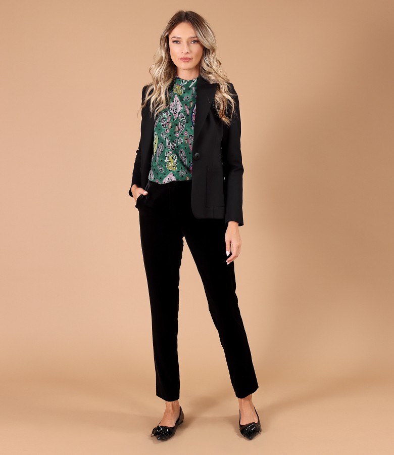 Elegant outfit with velvet pants and jacket made of textured fabric with viscose
