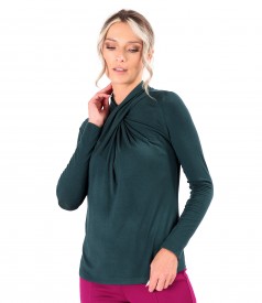 Elastic viscose jersey blouse with pleats at the neckline