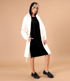 Thick viscose fabric overcoat with velvet hooded dress