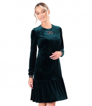 Elastic velvet dress with crystal at the neckline