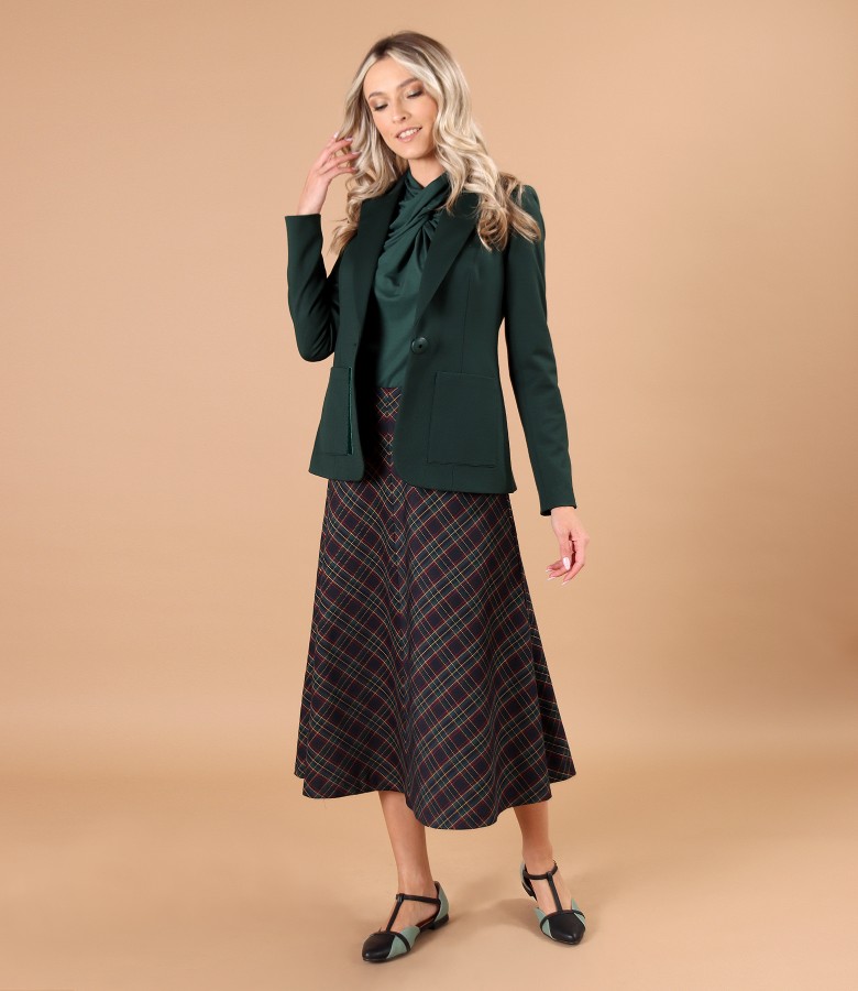 Elegant outfit with checkered midi skirt and textured fabric jacket