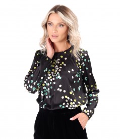 Digitally printed satin blouse with colorful polka dots