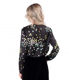 Digitally printed satin blouse with colorful polka dots