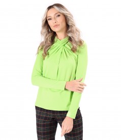 Elastic viscose jersey blouse with pleats at the neckline