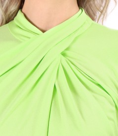 Elastic viscose jersey blouse with pleats at the neckline