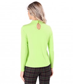 Elastic viscose jersey blouse with pleats at the neckline