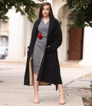 Thick fabric overcoat with a dress with velvet flower
