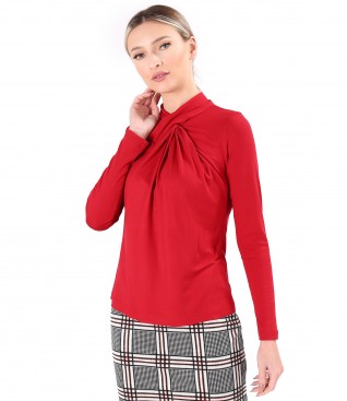 Elastic viscose jersey blouse with pleats at the neckline