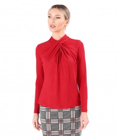 Elastic viscose jersey blouse with pleats at the neckline