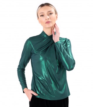 Elastic jersey blouse with glossy effect with pleats at the neckline