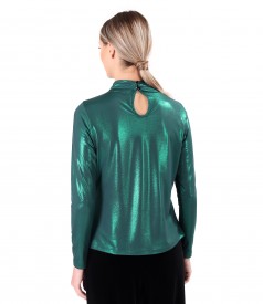 Elastic jersey blouse with glossy effect with pleats at the neckline