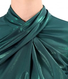 Elastic jersey blouse with glossy effect with pleats at the neckline