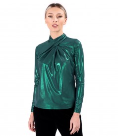 Elastic jersey blouse with glossy effect with pleats at the neckline