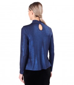 Elastic jersey blouse with glossy effect with pleats at the neckline