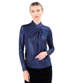 Elastic jersey blouse with glossy effect with pleats at the neckline