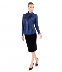 Elastic jersey blouse with glossy effect with pleats at the neckline