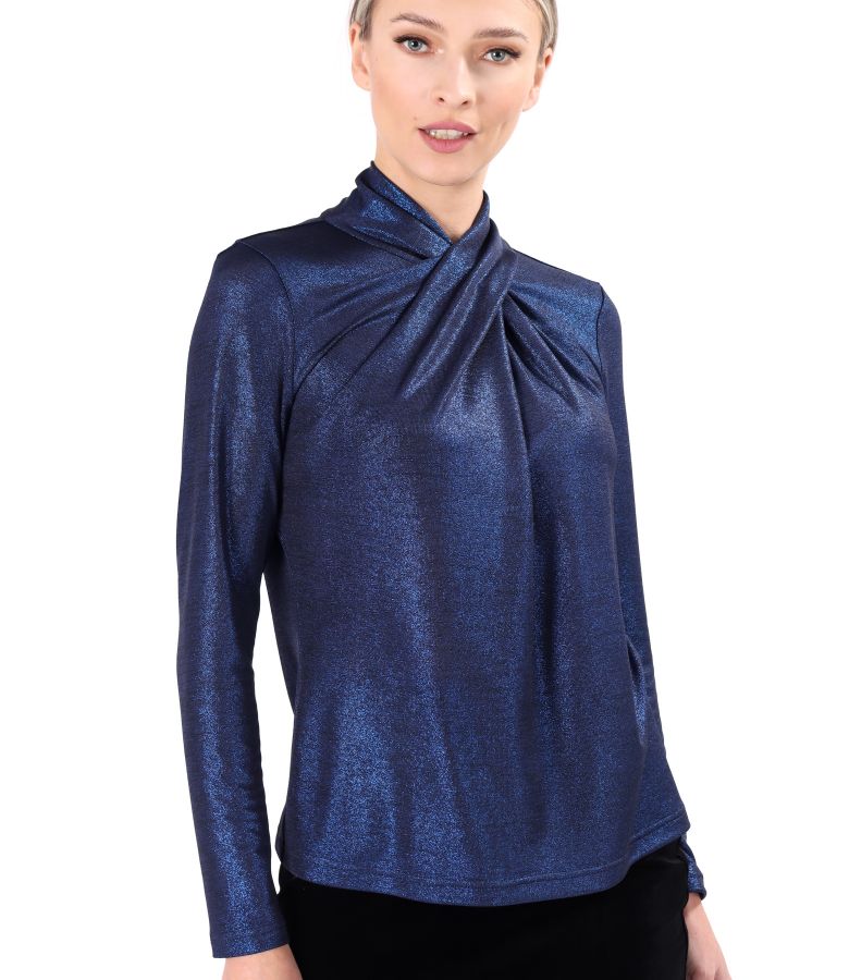 Elastic jersey blouse with glossy effect with pleats at the neckline