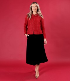 Elegant outfit with velvet midi skirt and jacket made of wool and viscose curls