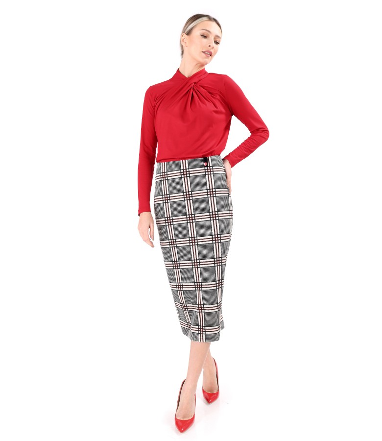 Elegant outfit with striped velvet midi skirt and jersey blouse with pleats at the neckline