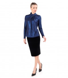 Elegant outfit with velvet tapered skirt and elastic jersey blouse with glossy effect