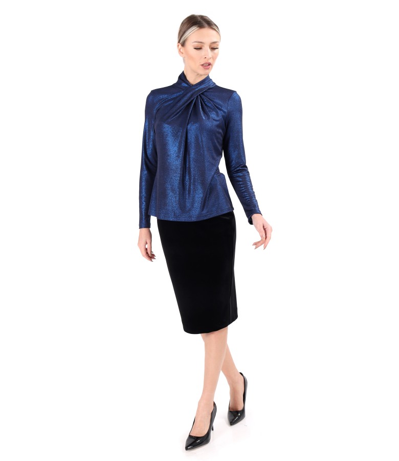 Elegant outfit with velvet tapered skirt and elastic jersey blouse with glossy effect
