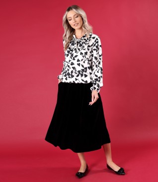 Viscose satin blouse with velvet midi skirt