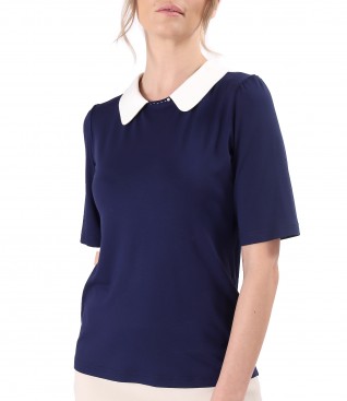 Elastic jersey blouse with white collar