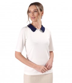 Elastic jersey blouse with navy blue collar