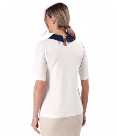 Elastic jersey blouse with navy blue collar