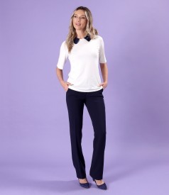 Elastic jersey blouse with navy blue collar