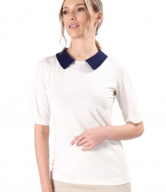 Elastic jersey blouse with navy blue collar