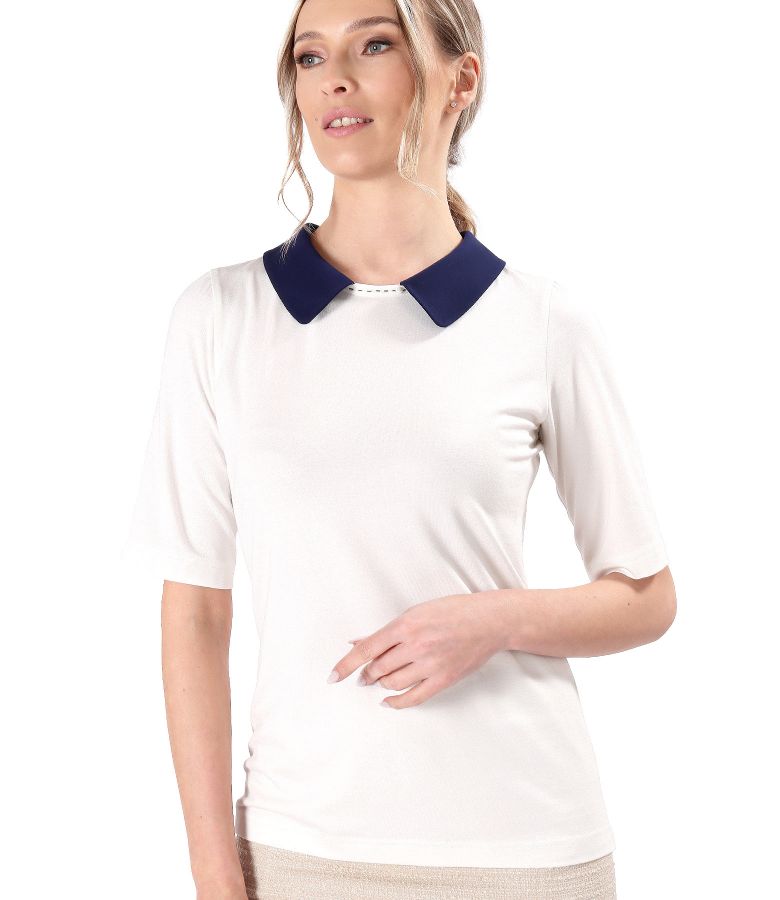 Elastic jersey blouse with navy blue collar