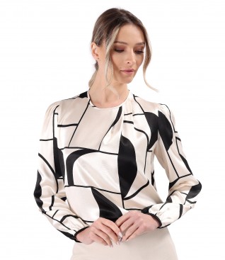 Elegant viscose satin blouse printed with geometric motifs