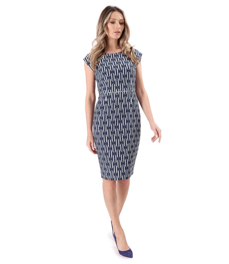 Elegant dress made of printed elastic cotton brocade navy blue - YOKKO