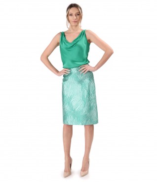 Elegant outfit with flared silk skirt and viscose satin blouse