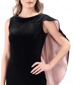 Elegant dress with asymmetric cape made of elastic velvet