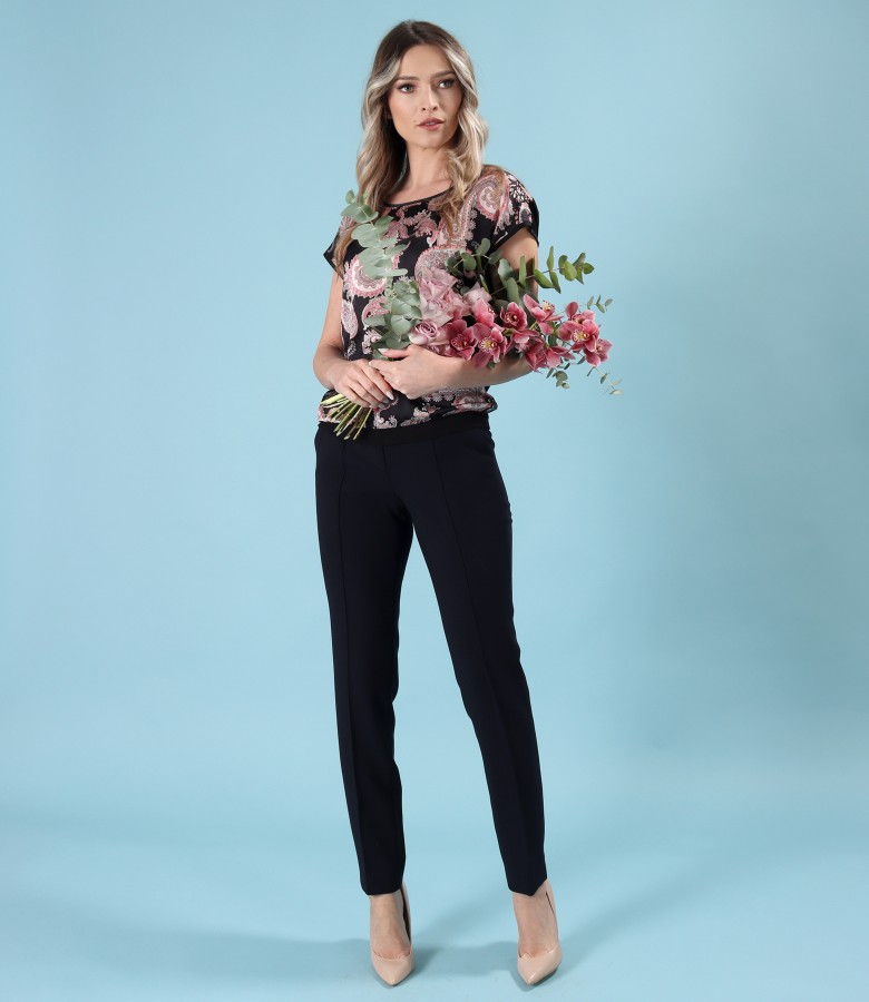 Elegant outfit with ankle pants and blouse with a natural silk front