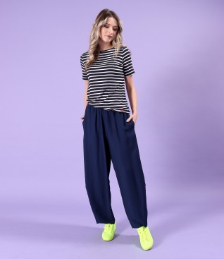 Slightly creped viscose pants and striped elastic jersey blouse